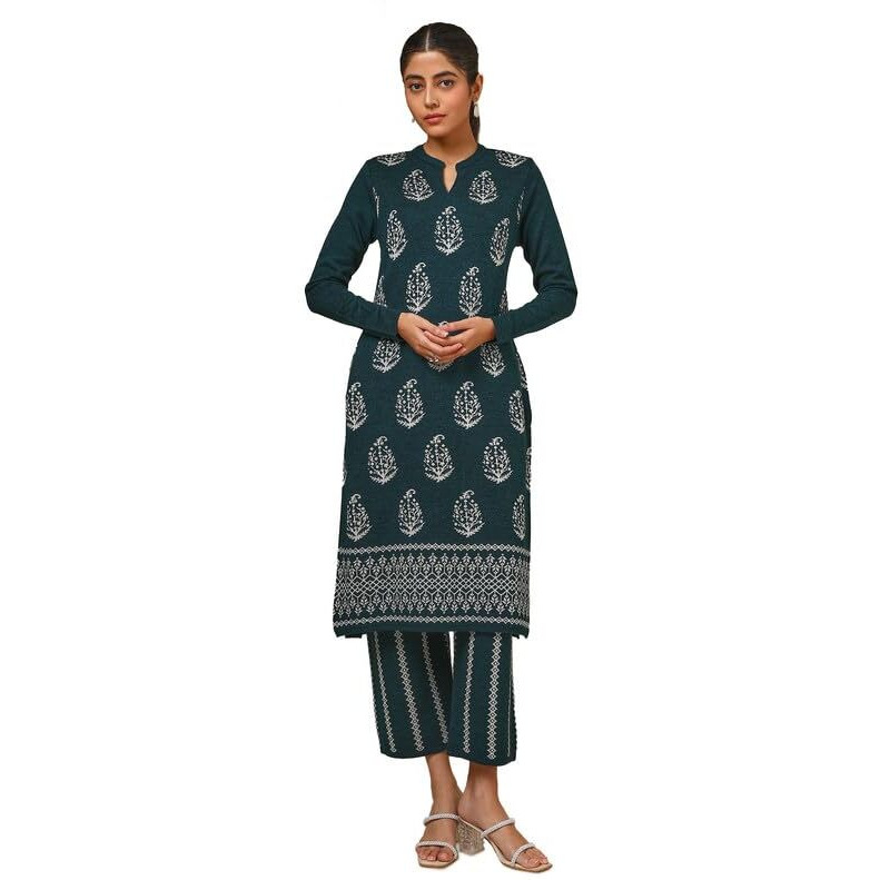 Soch Womens Teal Acrylic Woven Design Winter Kurta Set