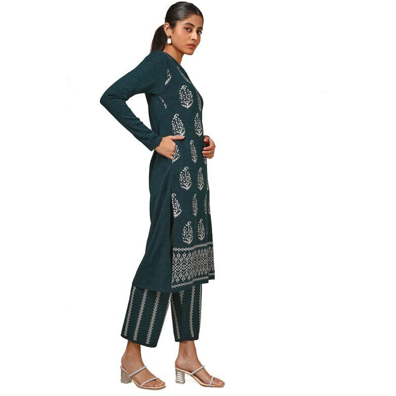 Soch Womens Teal Acrylic Woven Design Winter Kurta Set