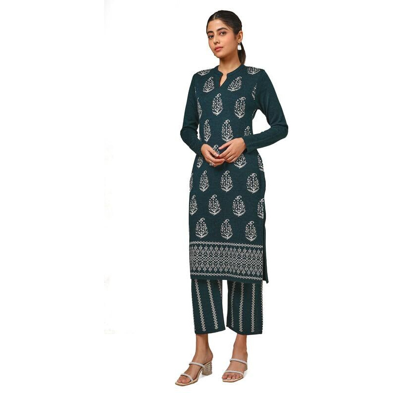 Soch Womens Teal Acrylic Woven Design Winter Kurta Set