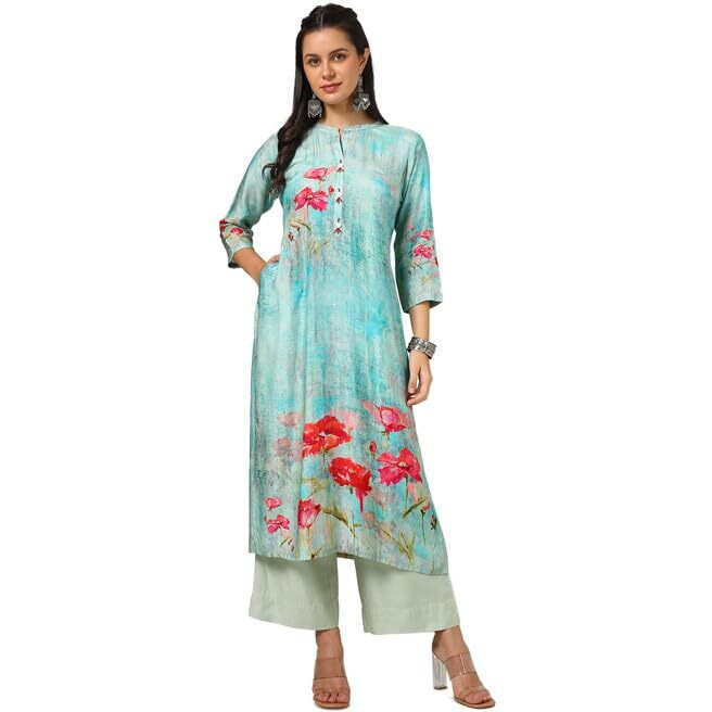 Soch Womens Turquoise Blue Viscose Muslin Floral Print Kurta With Beads