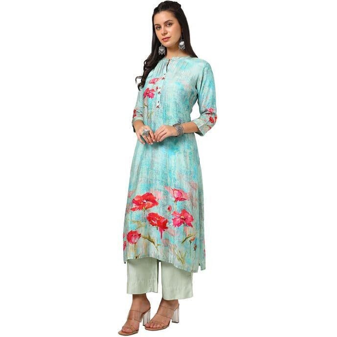 Soch Womens Turquoise Blue Viscose Muslin Floral Print Kurta With Beads