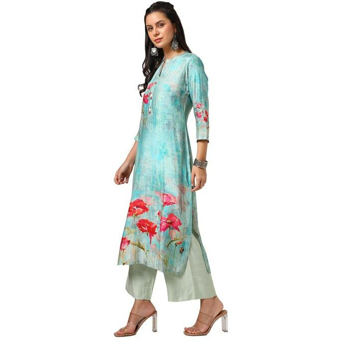 Soch Womens Turquoise Blue Viscose Muslin Floral Print Kurta With Beads