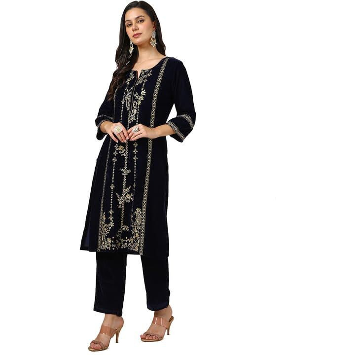 Soch Womens Navy Blue Velvet Embroidered Kurta Set
