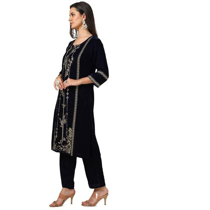 Soch Womens Navy Blue Velvet Embroidered Kurta Set