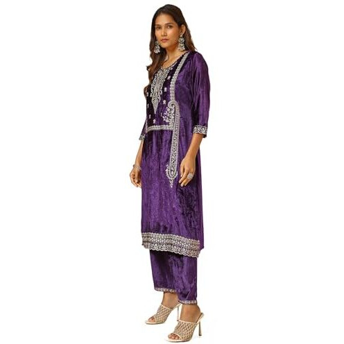 Soch Womens Purple Velvet Embroidered Kurta Set