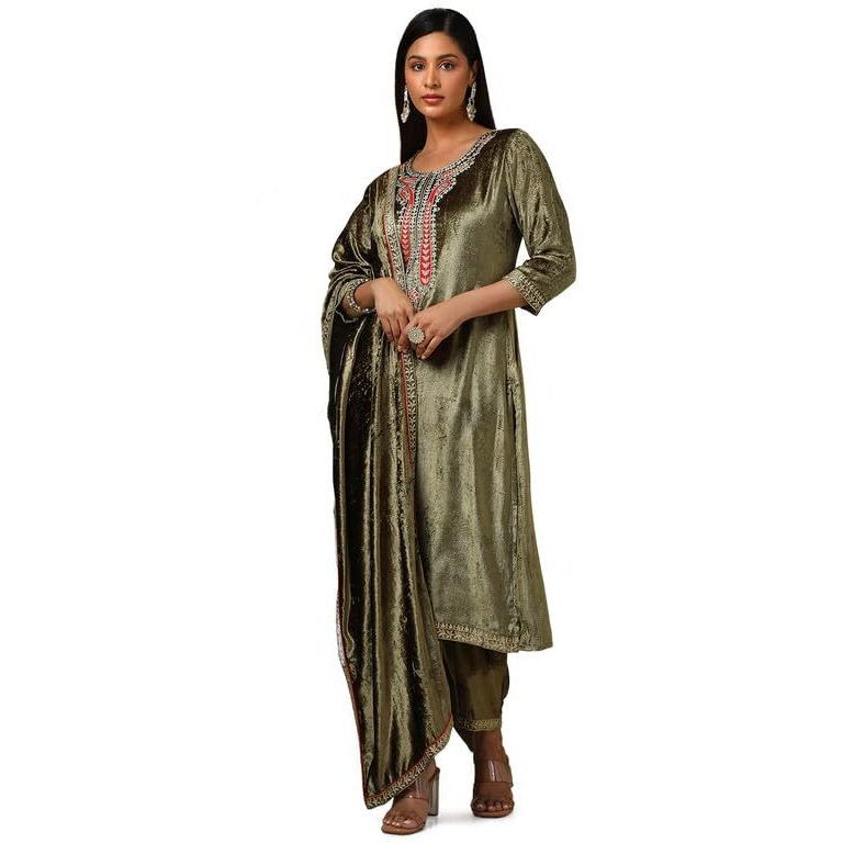 Soch Womens Olive Embroidered Velvet Straight Suit Set With Dupatta