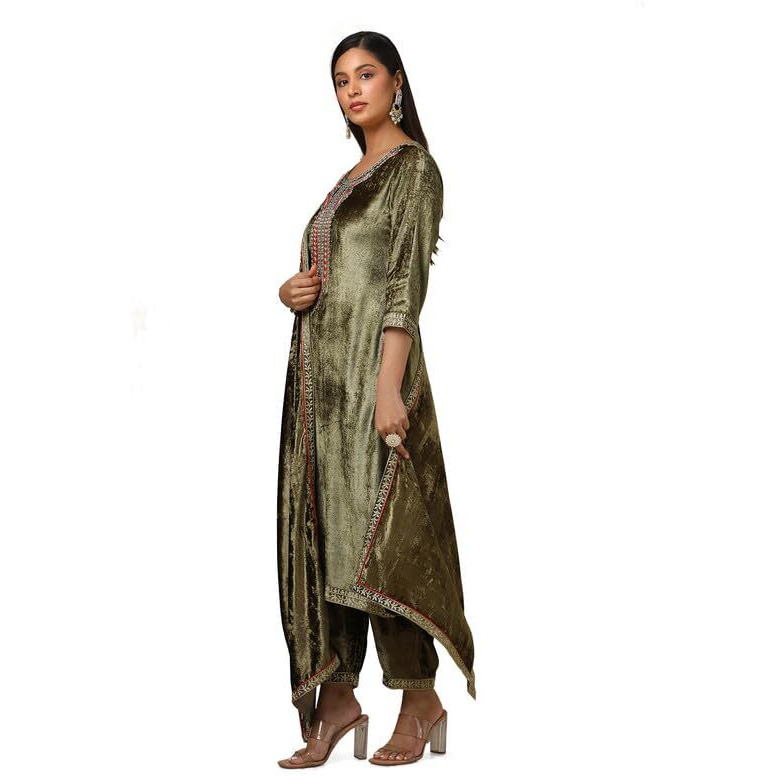 Soch Womens Olive Embroidered Velvet Straight Suit Set With Dupatta
