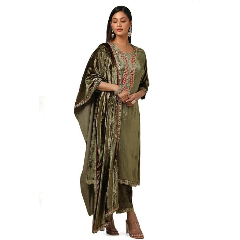 Soch Womens Olive Embroidered Velvet Straight Suit Set With Dupatta