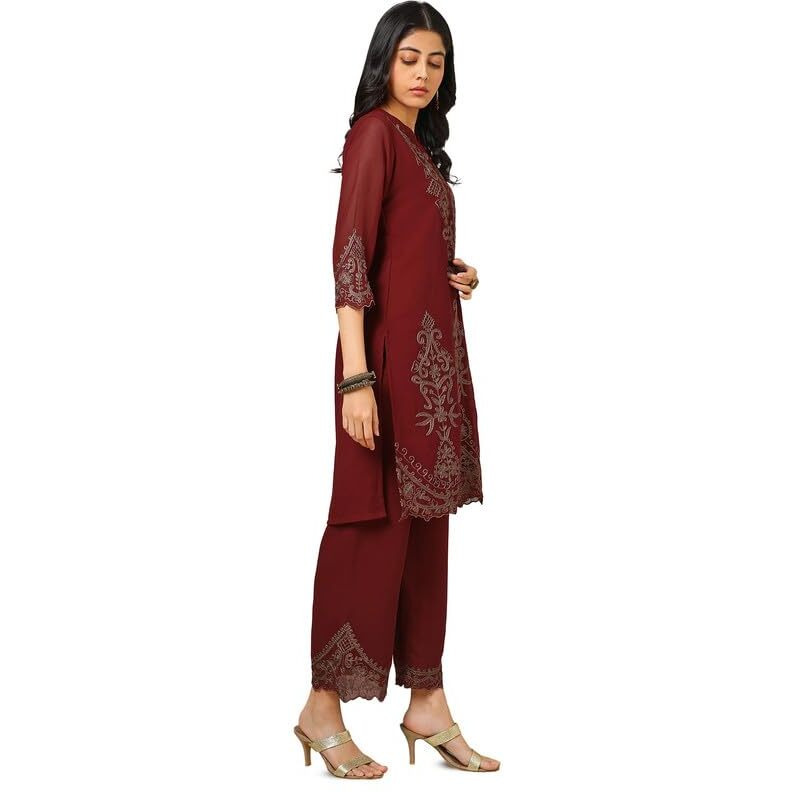 Soch Womens Maroon Georgette Blend Embroidered Kurta Set With Thread Work