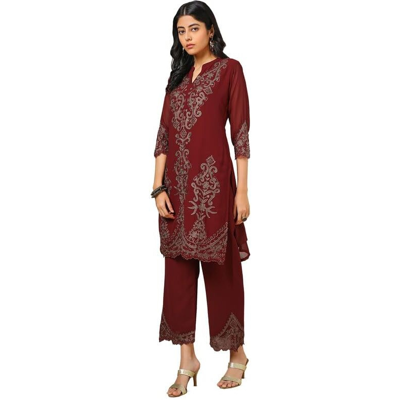 Soch Womens Maroon Georgette Blend Embroidered Kurta Set With Thread Work