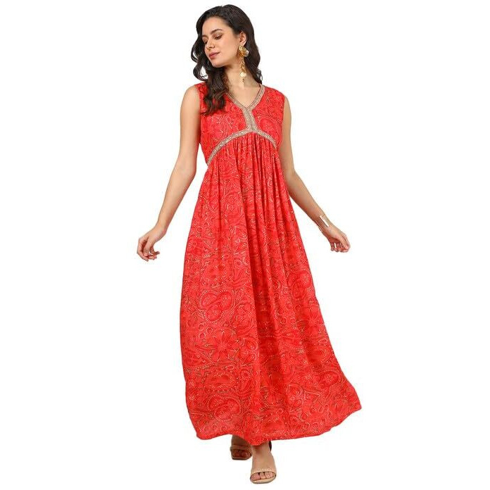 Soch Womens Red Muslin Blend Foil Print Dress With Beads
