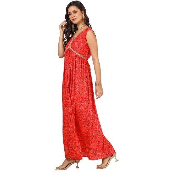 Soch Womens Red Muslin Blend Foil Print Dress With Beads