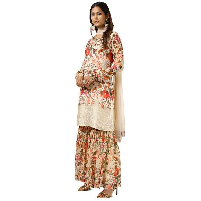 Soch Womens Cream Chinon Floral Print Suit Set With Mirror And Cutdana