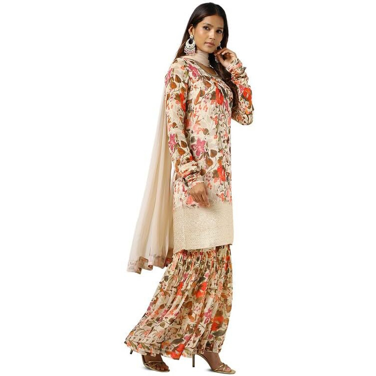 Soch Womens Cream Chinon Floral Print Suit Set With Mirror And Cutdana