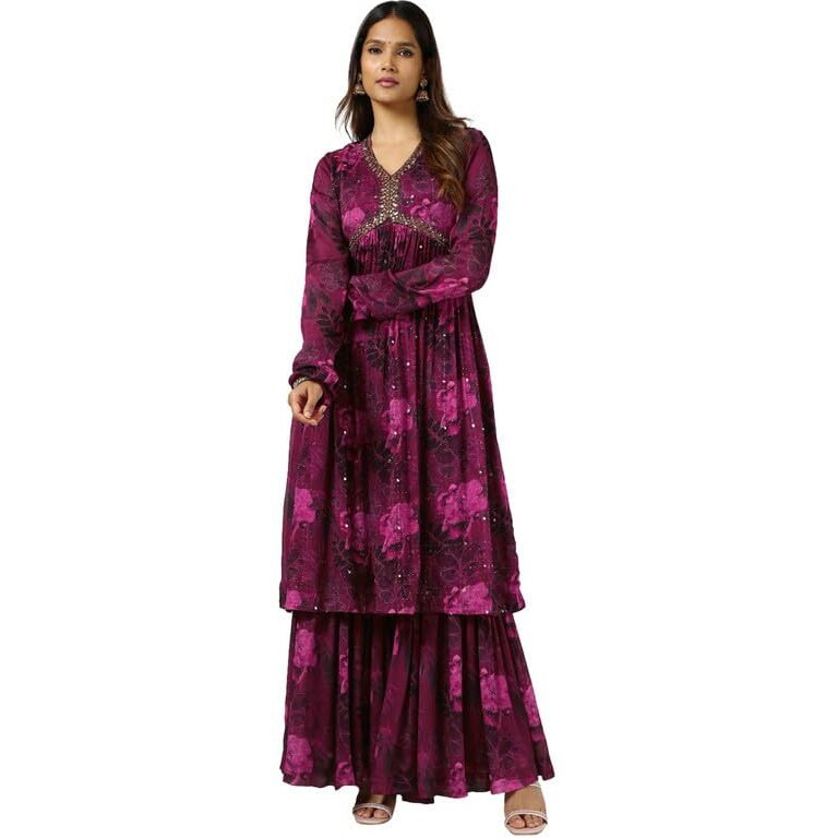 Soch Womens Wine Chinon Floral Print Suit Set With Faux Mirror And Sequins