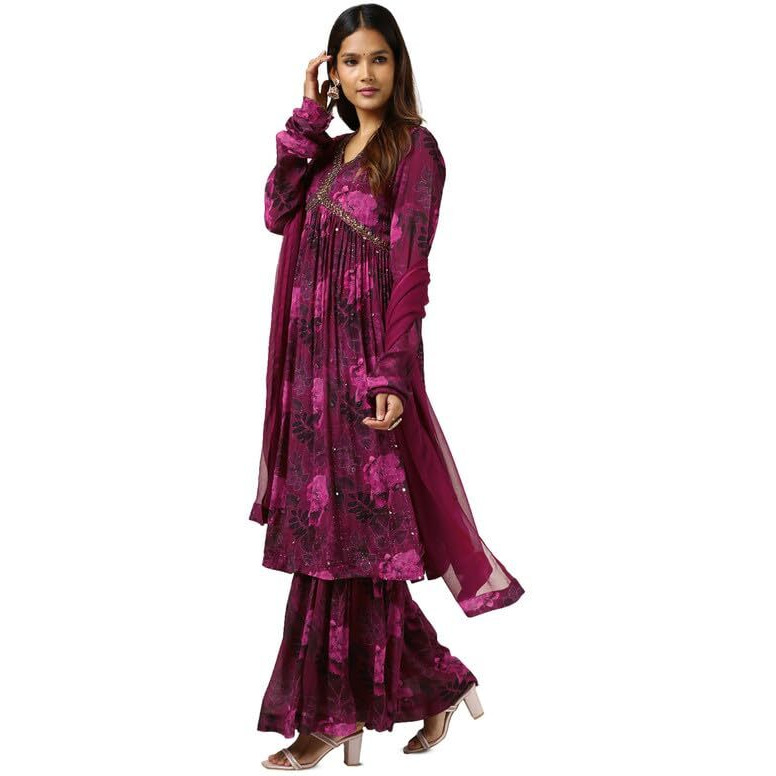 Soch Womens Wine Chinon Floral Print Suit Set With Faux Mirror And Sequins