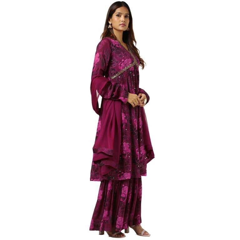 Soch Womens Wine Chinon Floral Print Suit Set With Faux Mirror And Sequins