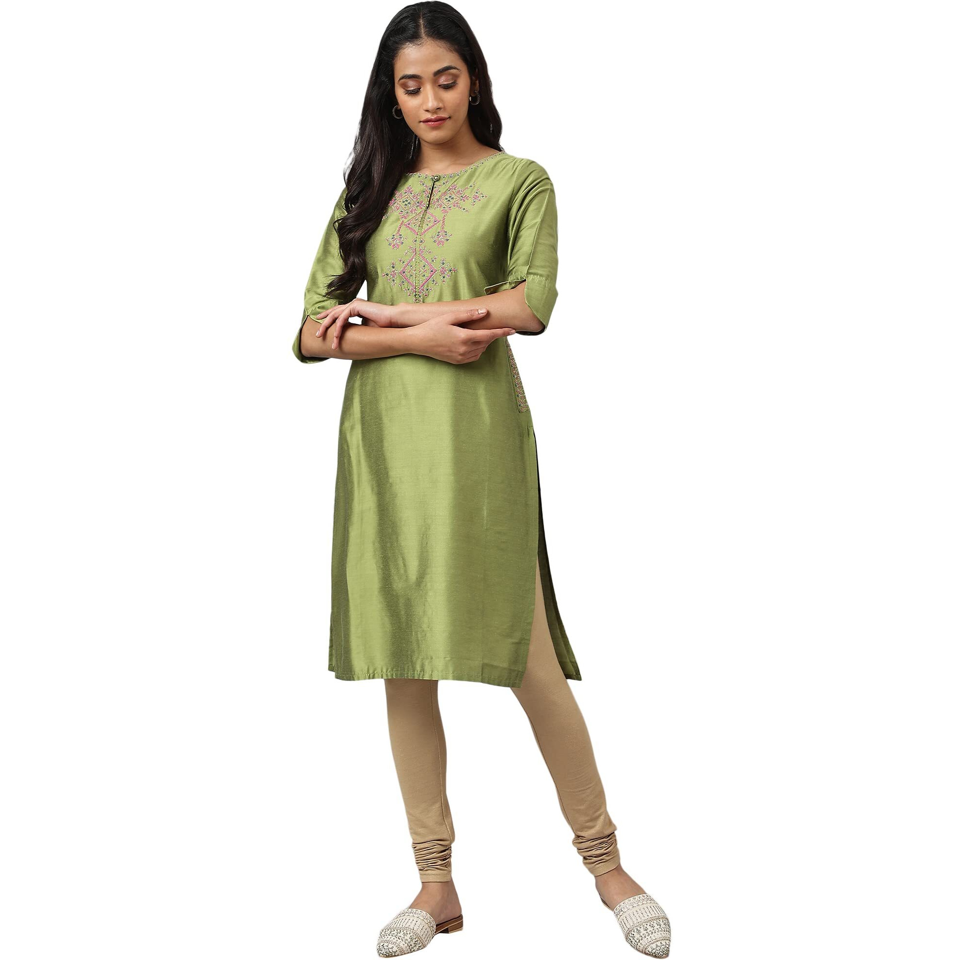 W For Woman Light Green Geometric Printed Blend Kurta With Coins
