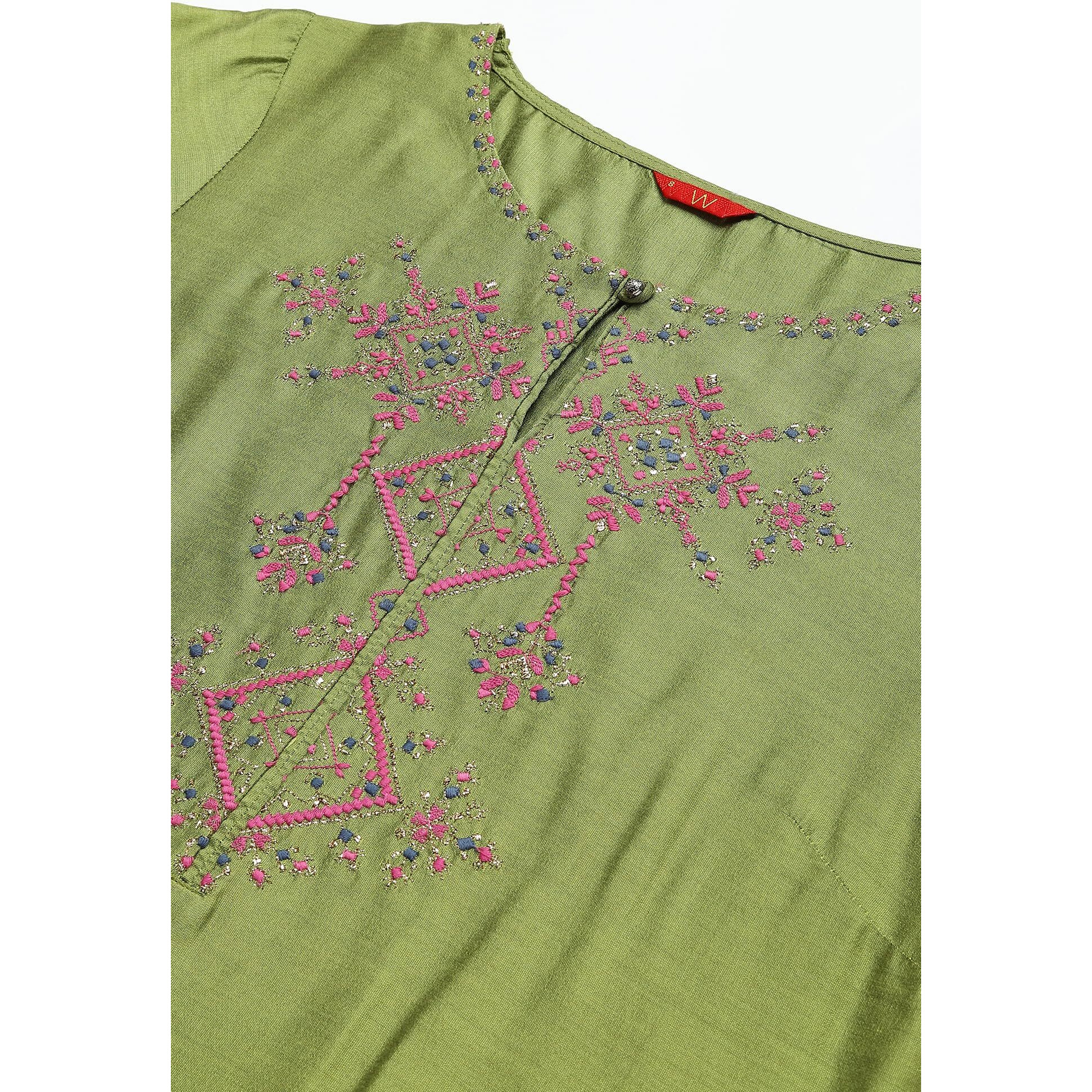 W For Woman Light Green Geometric Printed Blend Kurta With Coins