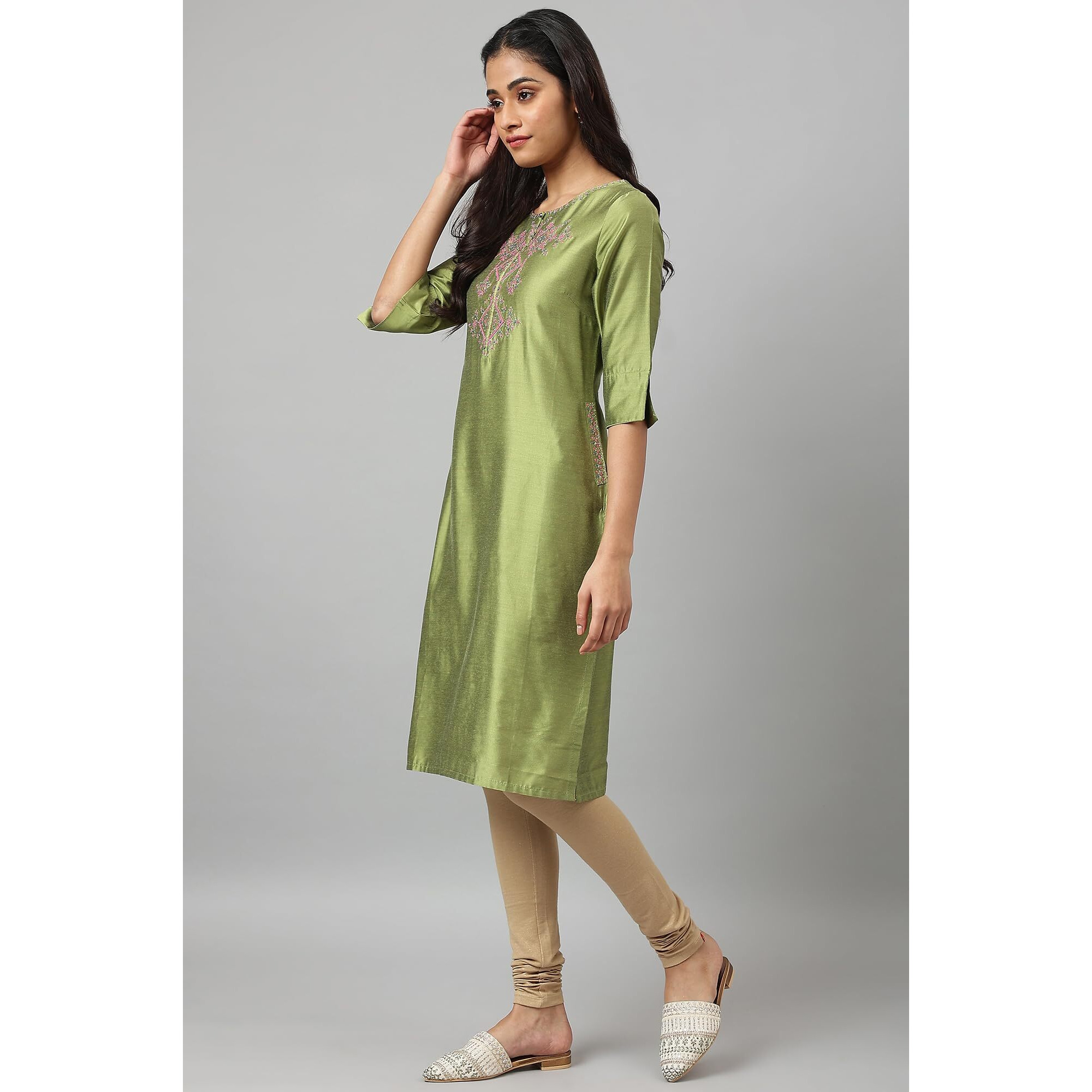 W For Woman Light Green Geometric Printed Blend Kurta With Coins
