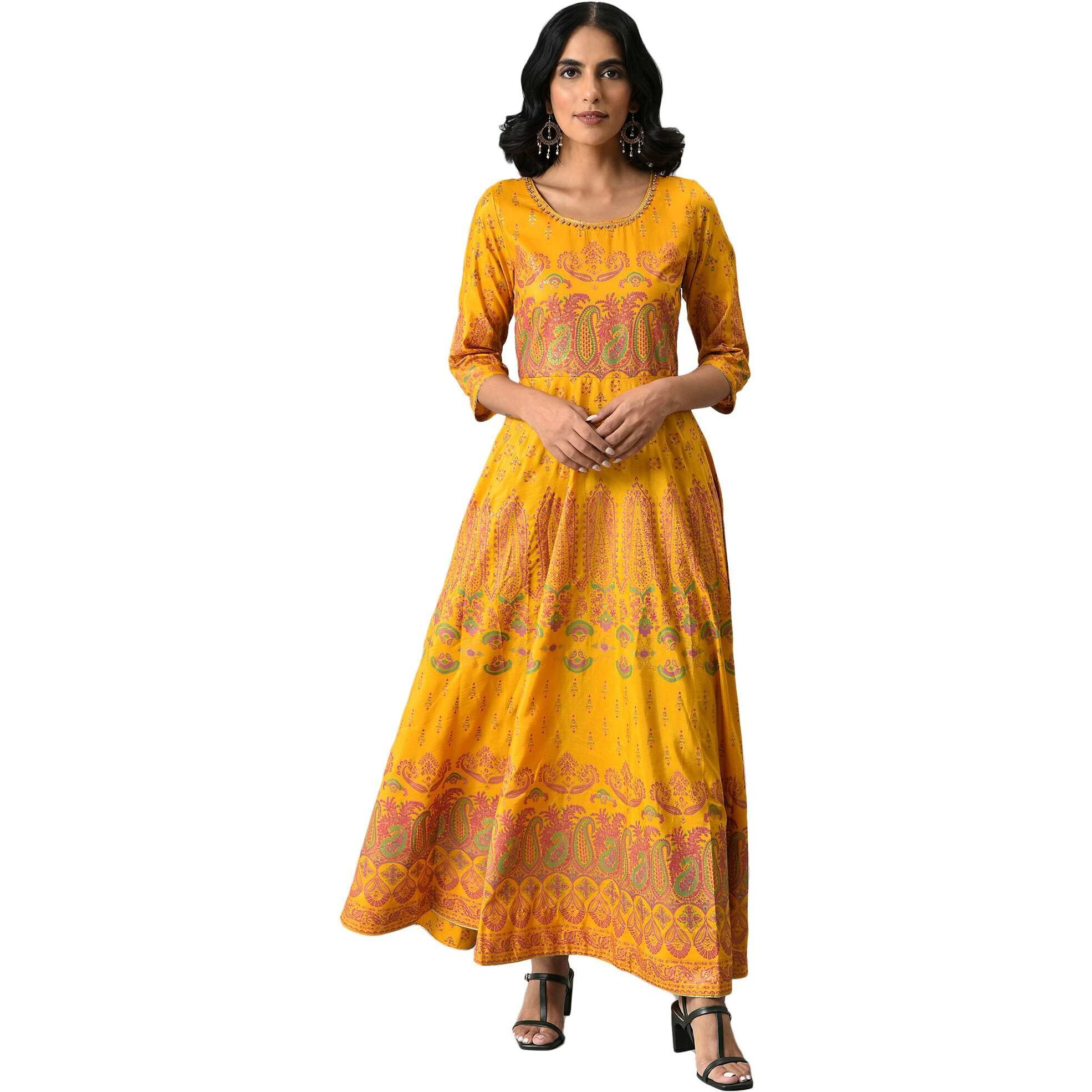 W For Woman Polyester Murtard Indie Dress With Embellished Neckline Ankle Length (22Auw18252-119048_Bright Mustard_Xl)_14