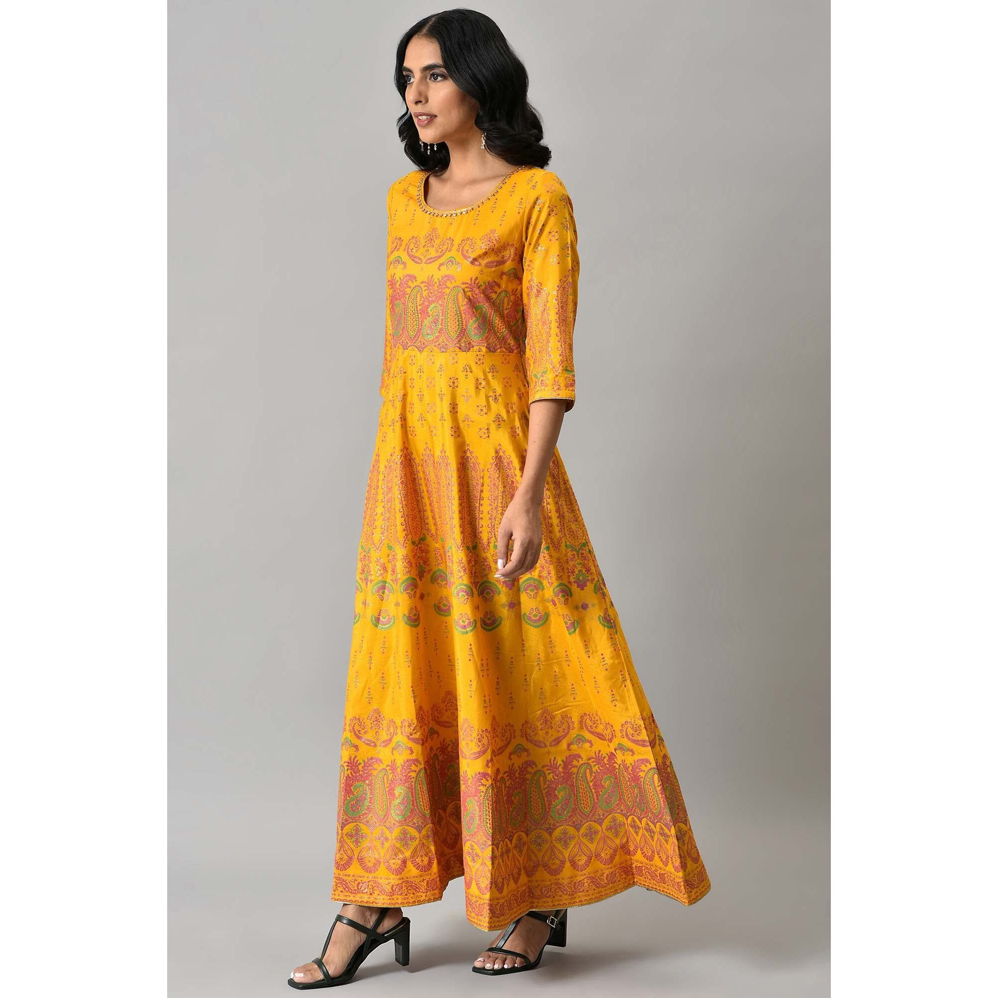W For Woman Polyester Murtard Indie Dress With Embellished Neckline Ankle Length (22Auw18252-119048_Bright Mustard_Xl)_14
