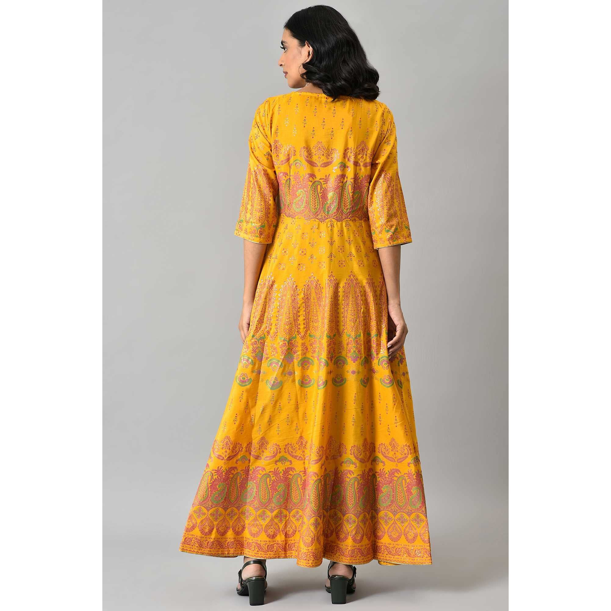 W For Woman Women's Polyester Murtard Indie Dress With Embellished Neckline Ankle Length (22Auw18252-119048_Bright Mustard_Xs)