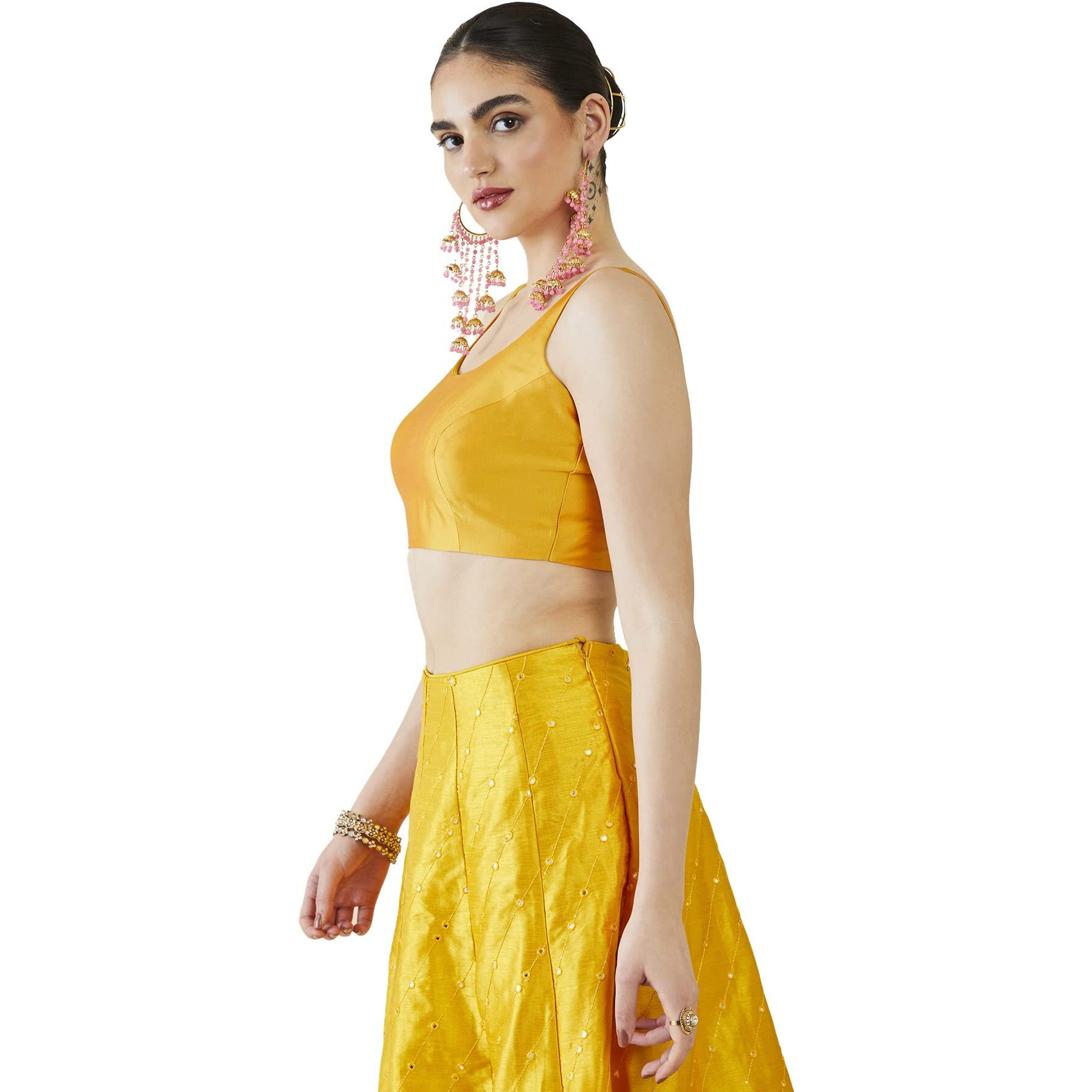 Soch Womens Mustard Taffeta Solid Sleeveless Padded Blouse