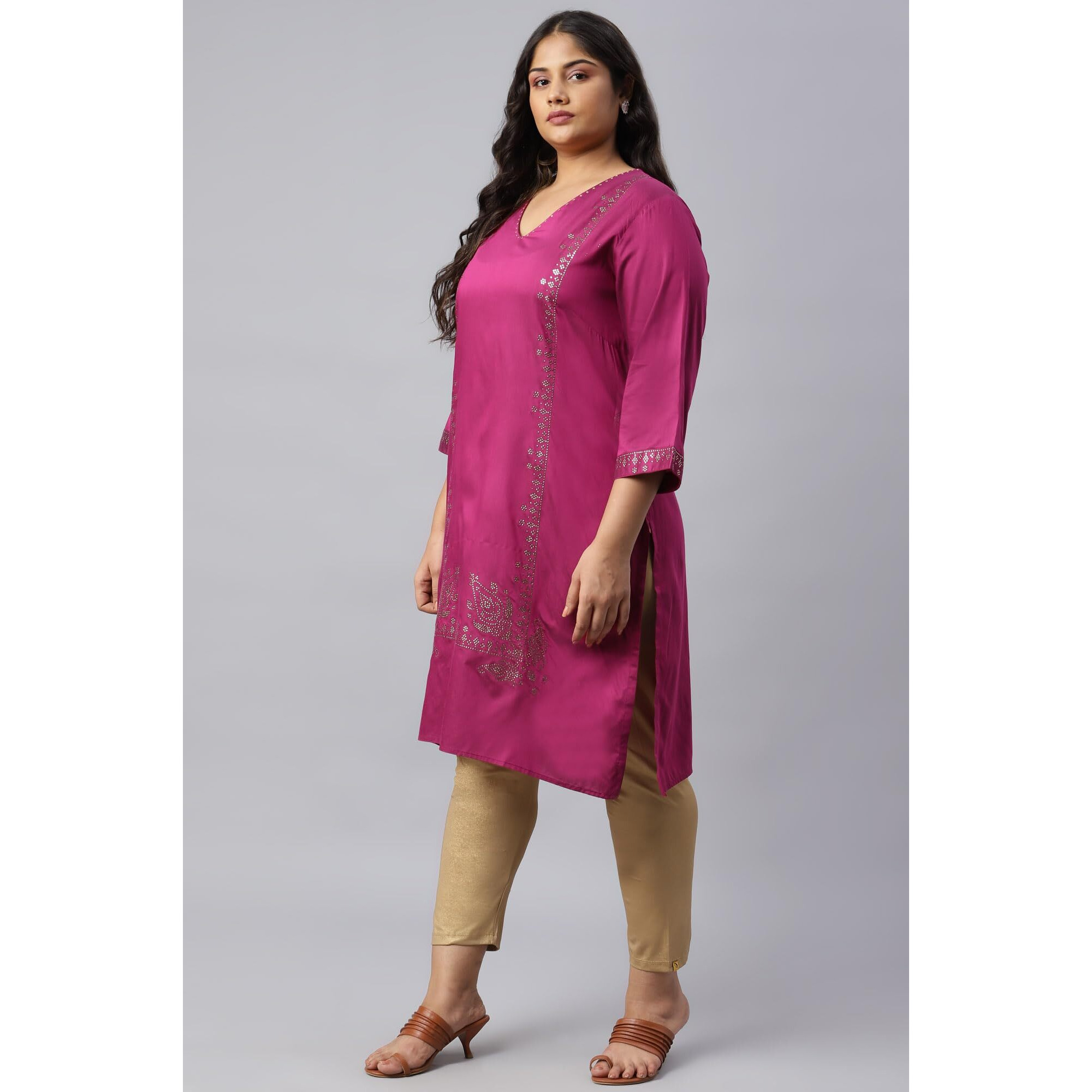 W For Woman Magenta Mukaish Printed Plus Size Kurta With Sequins_22Auw18295G-119295_4Xl