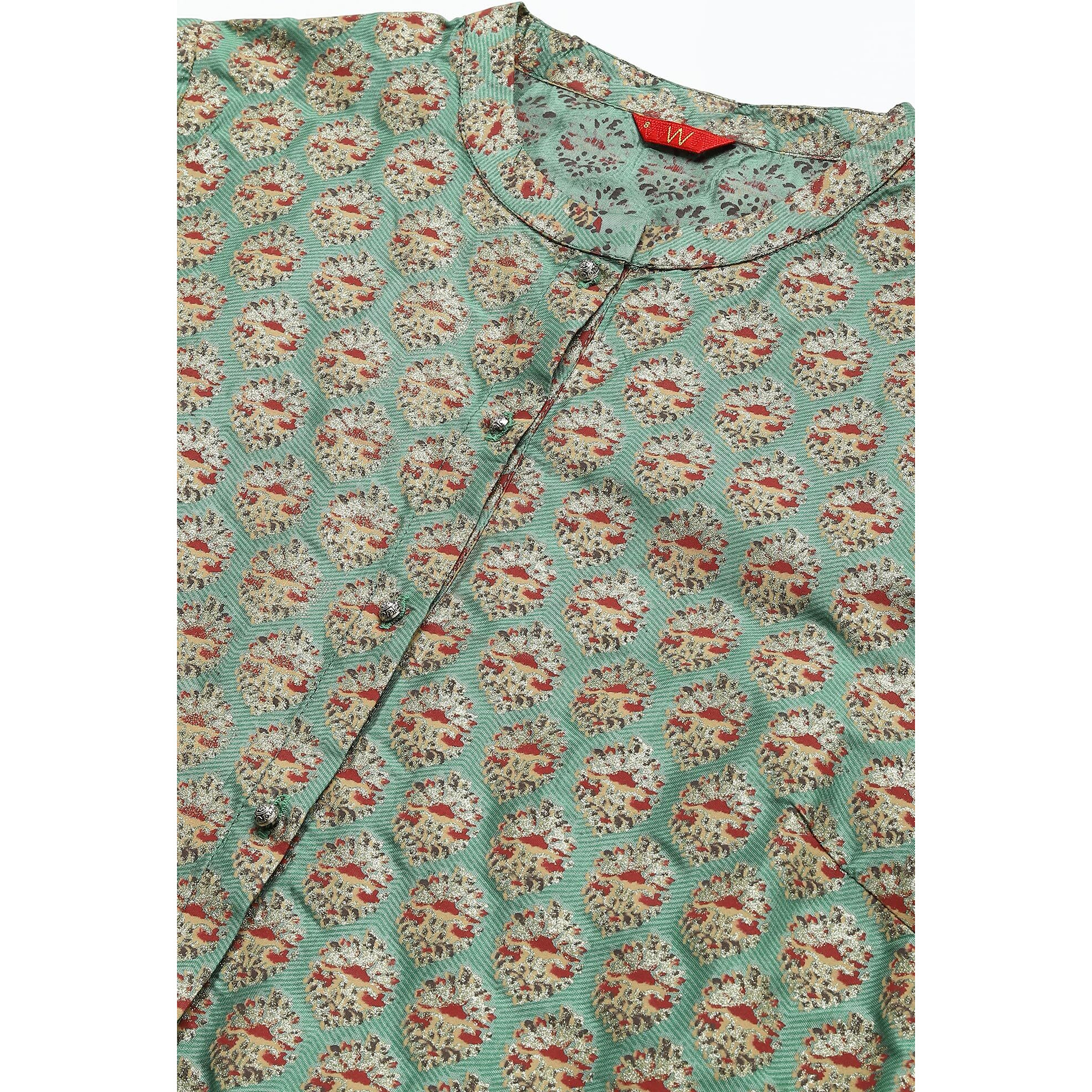 W For Woman Green Glitter Printed Kurta In Mandarin Collar_22Auw18055-118869_S