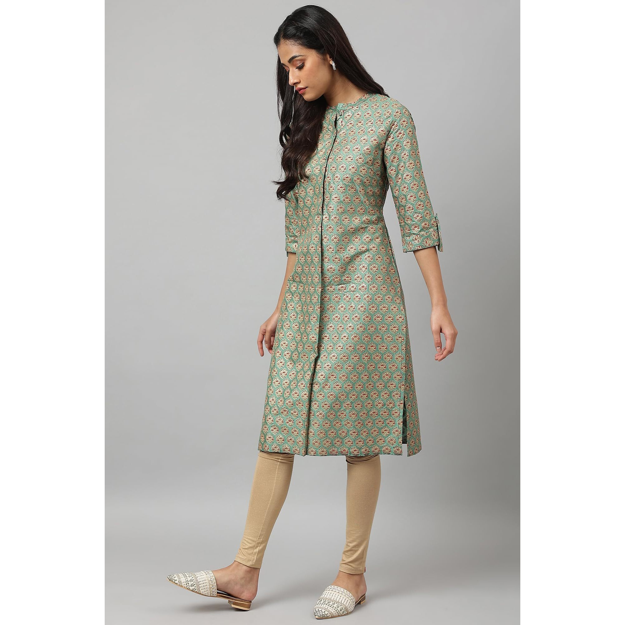 W For Woman Green Glitter Printed Kurta In Mandarin Collar_22Auw18055-118869_S