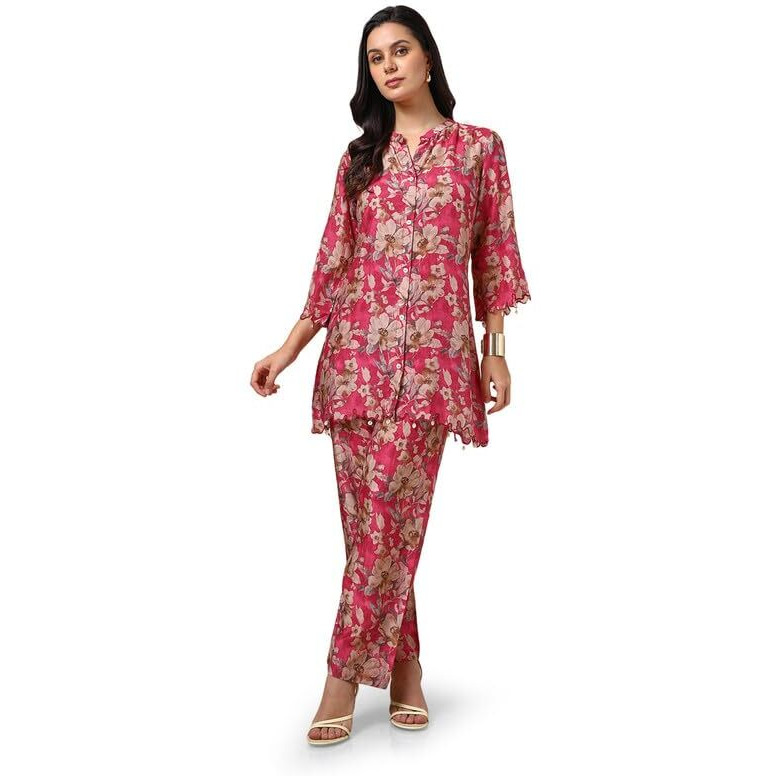 Soch Womens Fuchsia Viscose Muslin Floral Print Co-Ord Set With Beads
