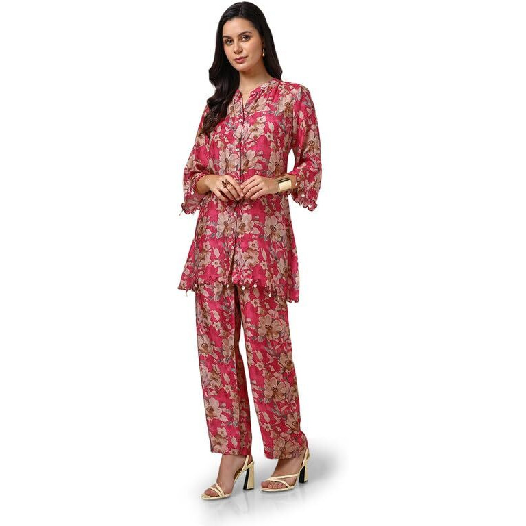 Soch Womens Fuchsia Viscose Muslin Floral Print Co-Ord Set With Beads