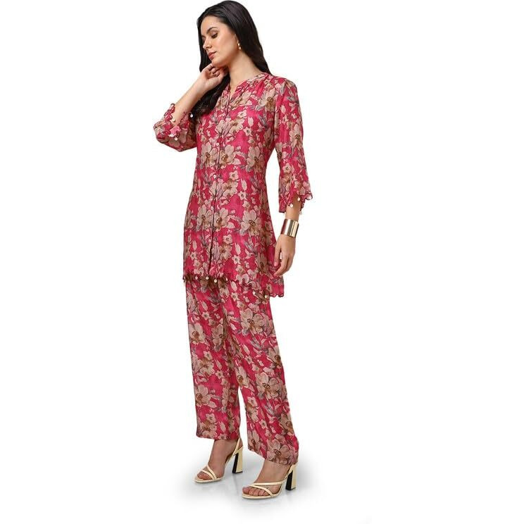 Soch Womens Fuchsia Viscose Muslin Floral Print Co-Ord Set With Beads
