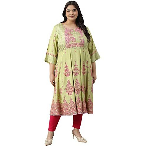 W For Woman Green Floral Printed And Embellished Festive Plus Size Kurta_22Auw18260G-119057_5Xl