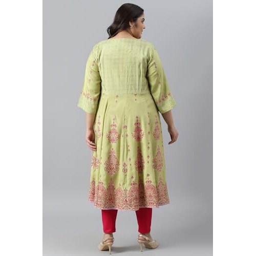 W For Woman Green Floral Printed And Embellished Festive Plus Size Kurta_22Auw18260G-119057_5Xl