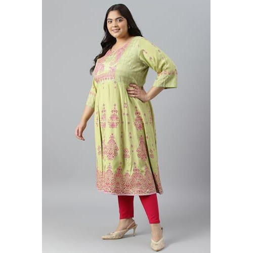 W For Woman Green Floral Printed And Embellished Festive Plus Size Kurta_22Auw18260G-119057_5Xl