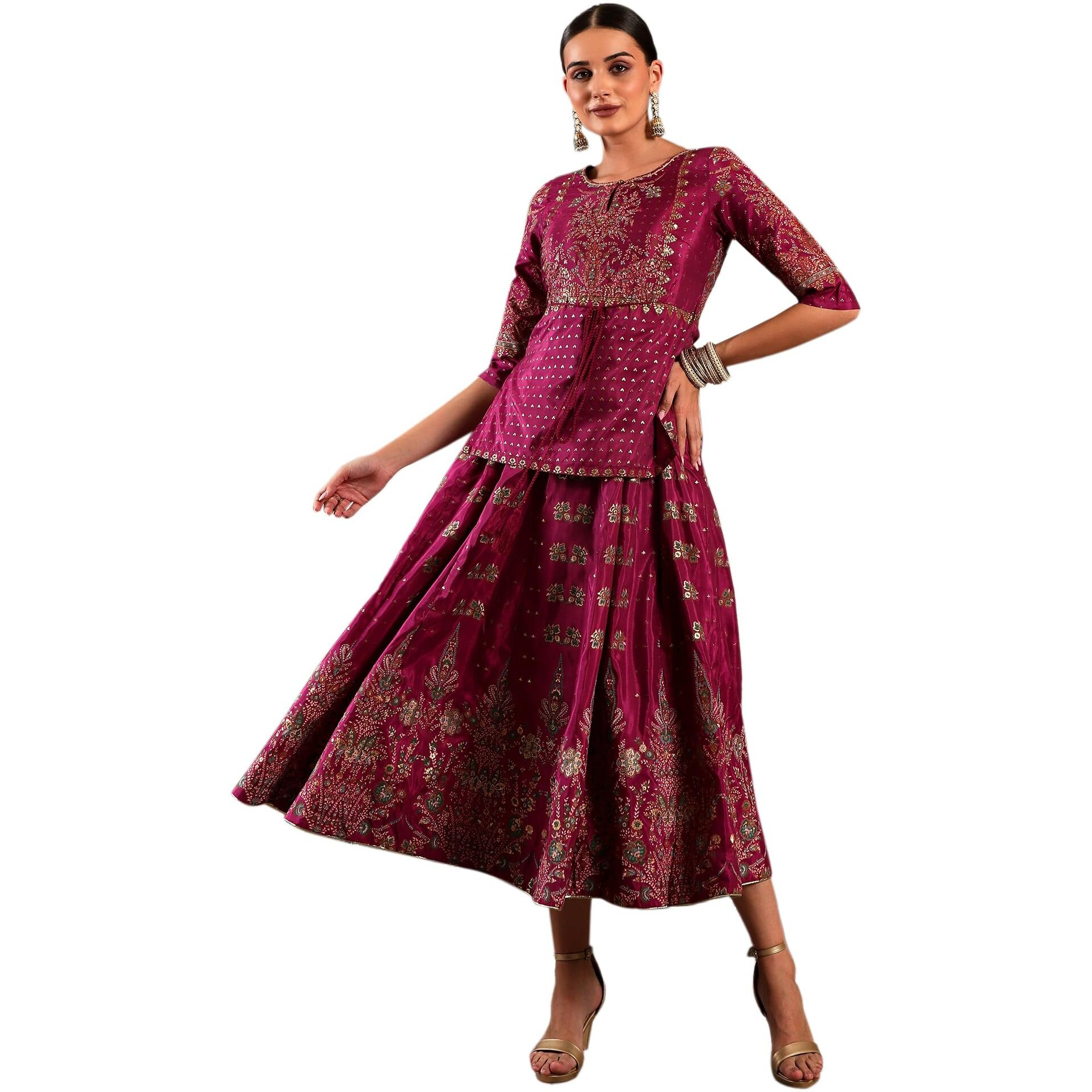 W For Woman Purple Floral Printed Synthetic Layered Dress With Foil Sequins