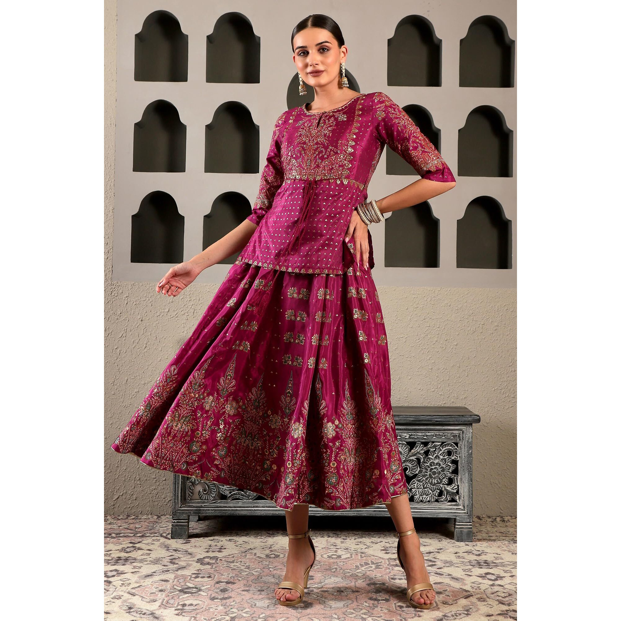 W For Woman Purple Floral Printed Synthetic Layered Dress With Foil Sequins