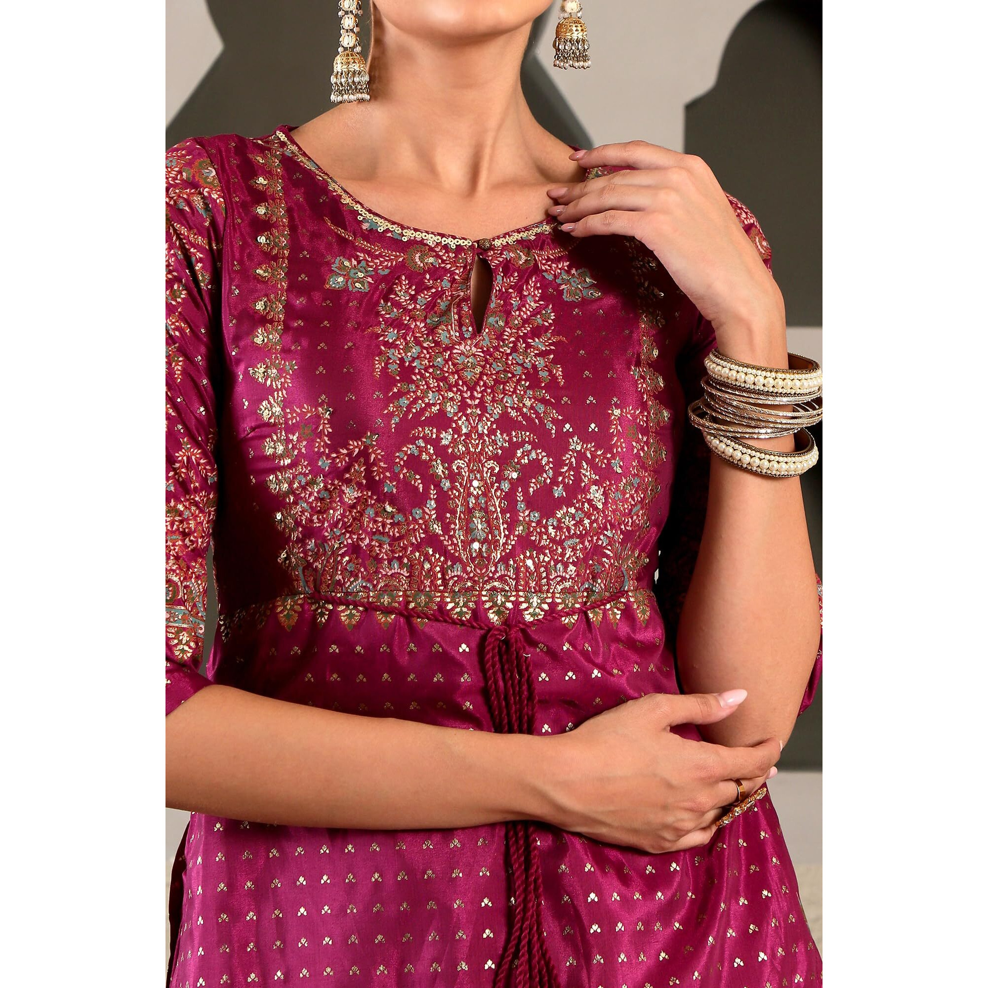 W For Woman Purple Floral Printed Synthetic Layered Dress With Foil Sequins