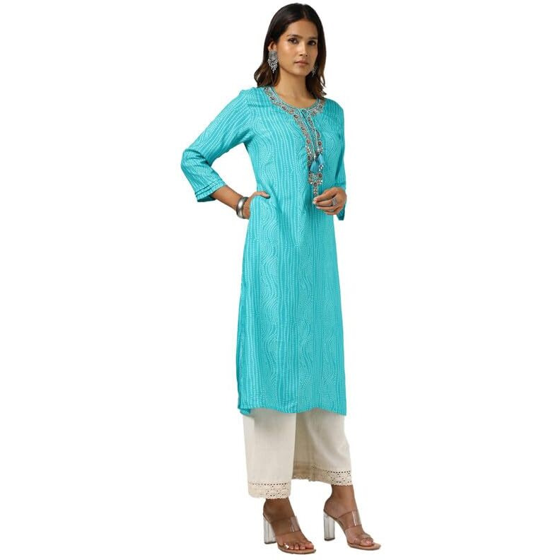 Soch Womens Turquoise Blue Viscose Muslin Bandhani Print Kurta With Sequins