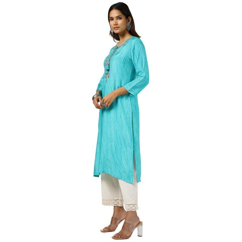 Soch Womens Turquoise Blue Viscose Muslin Bandhani Print Kurta With Sequins