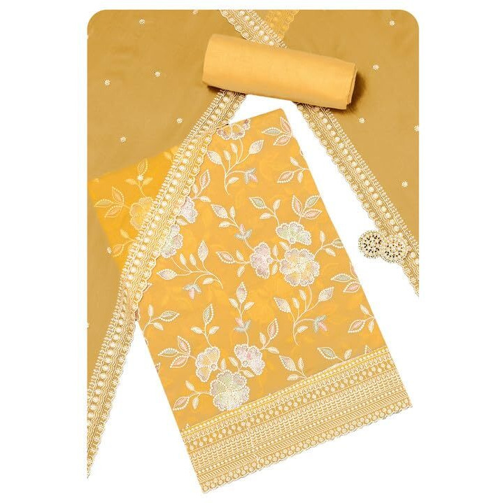 Soch Womens Yellow Crinkle Chiffon Embroidered Unstitch Dress Material With Sequins