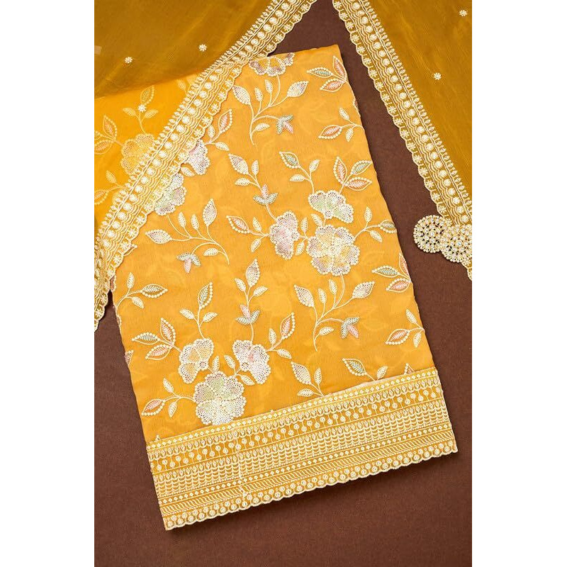 Soch Womens Yellow Crinkle Chiffon Embroidered Unstitch Dress Material With Sequins