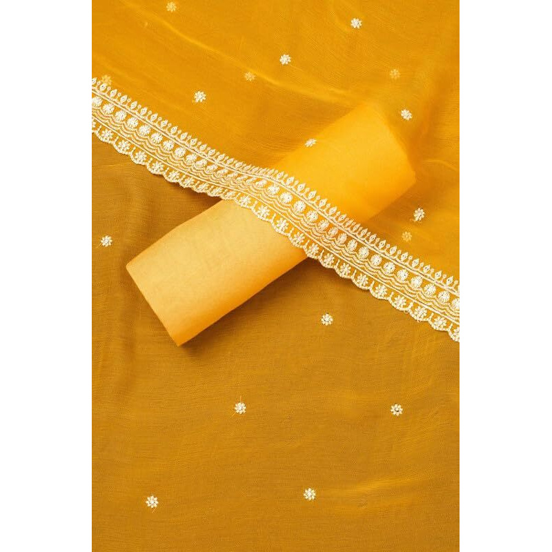 Soch Womens Yellow Crinkle Chiffon Embroidered Unstitch Dress Material With Sequins