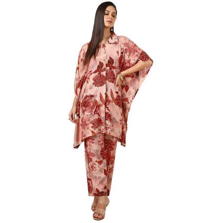 Soch Womens Peach Muslin Blend Floral Print Kaftan Suit With Beads