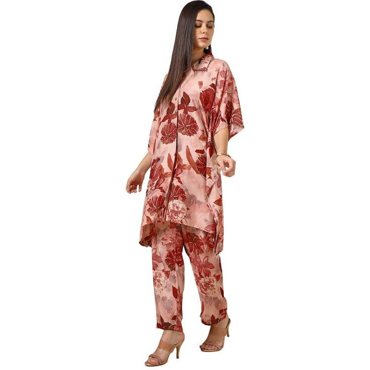 Soch Womens Peach Muslin Blend Floral Print Kaftan Suit With Beads