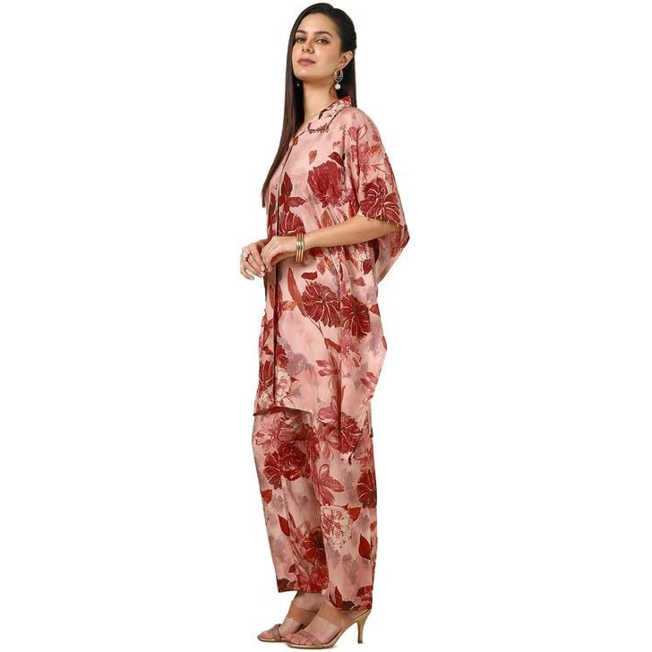 Soch Womens Peach Muslin Blend Floral Print Kaftan Suit With Beads
