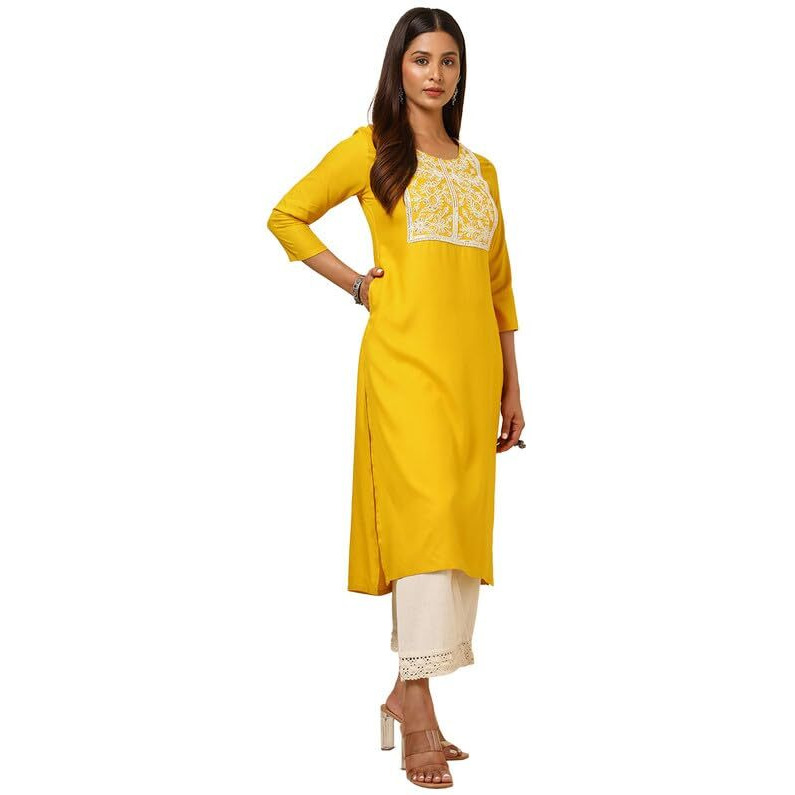 Soch Womens Mustard Rayon Embroidered Kurta With Sequins