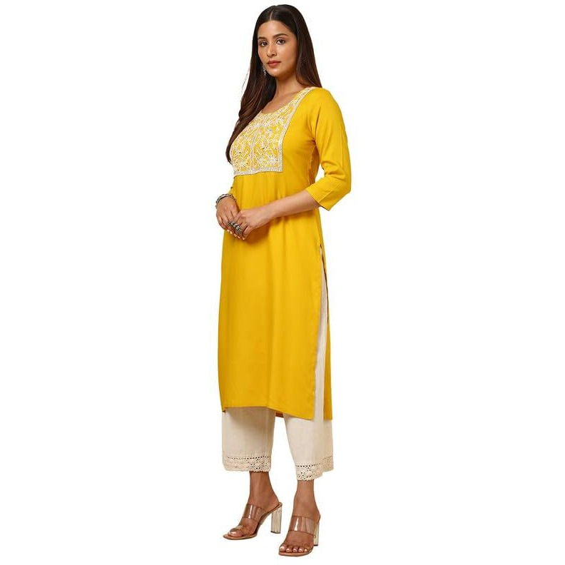 Soch Womens Mustard Rayon Embroidered Kurta With Sequins